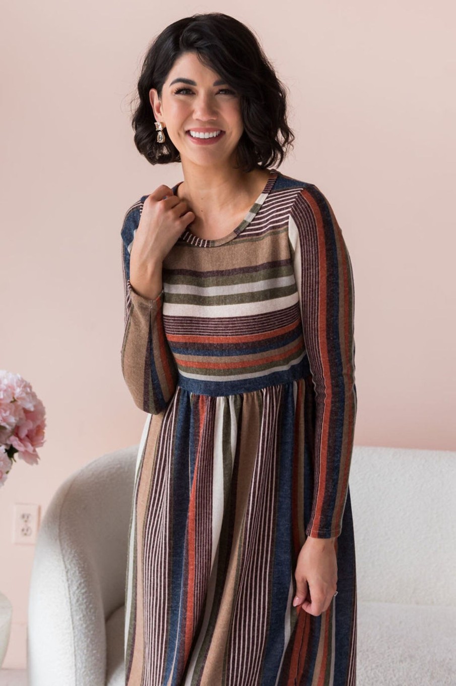 Dresses NeeSee's Dresses | The Alani Cream/Olive/Taupe/Burgundy/Rust/Navy Stripes