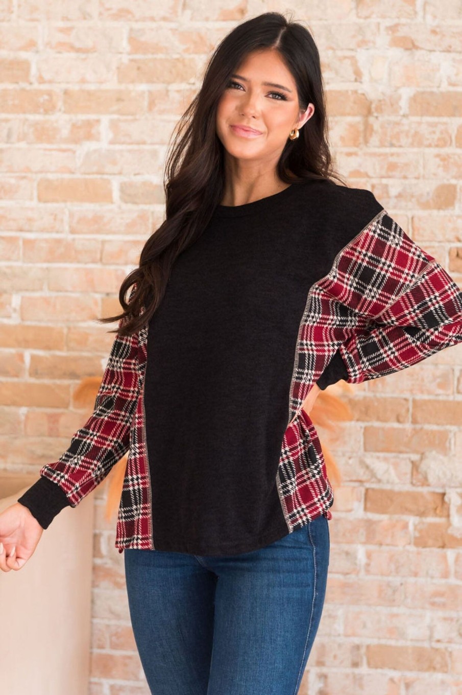 Tops NeeSee's Dresses | Plaid Makes It Complete Modest Sweater Black/Burgundy/Cream Plaid