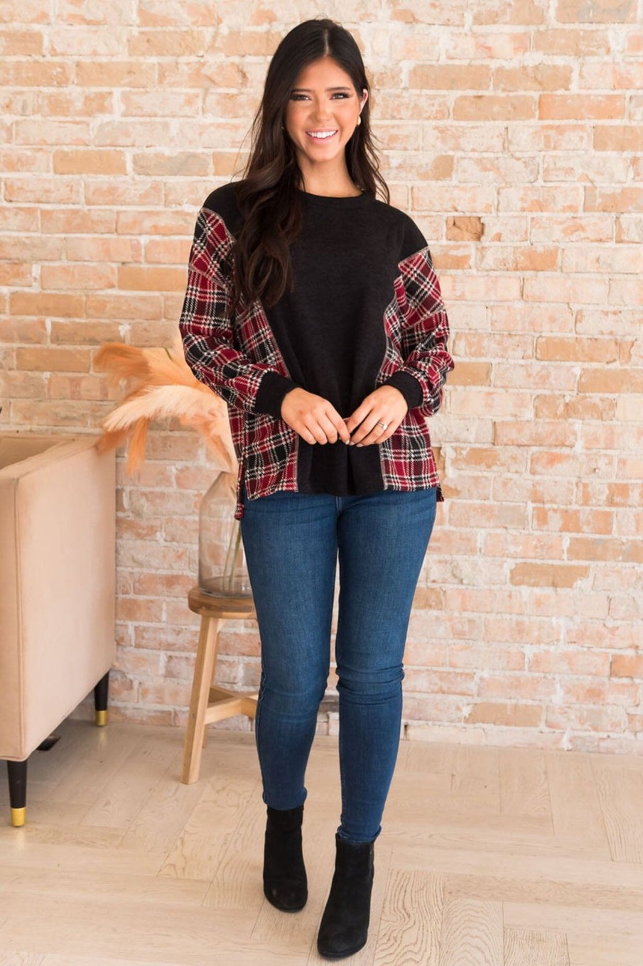 Tops NeeSee's Dresses | Plaid Makes It Complete Modest Sweater Black/Burgundy/Cream Plaid