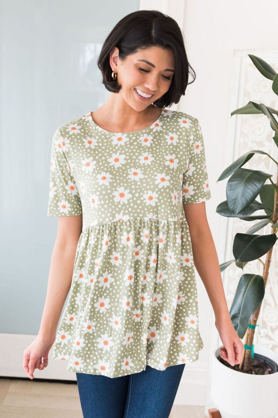 Tops NeeSee's Dresses | Daisy Love Babydoll Top Dusty Sage Daisy