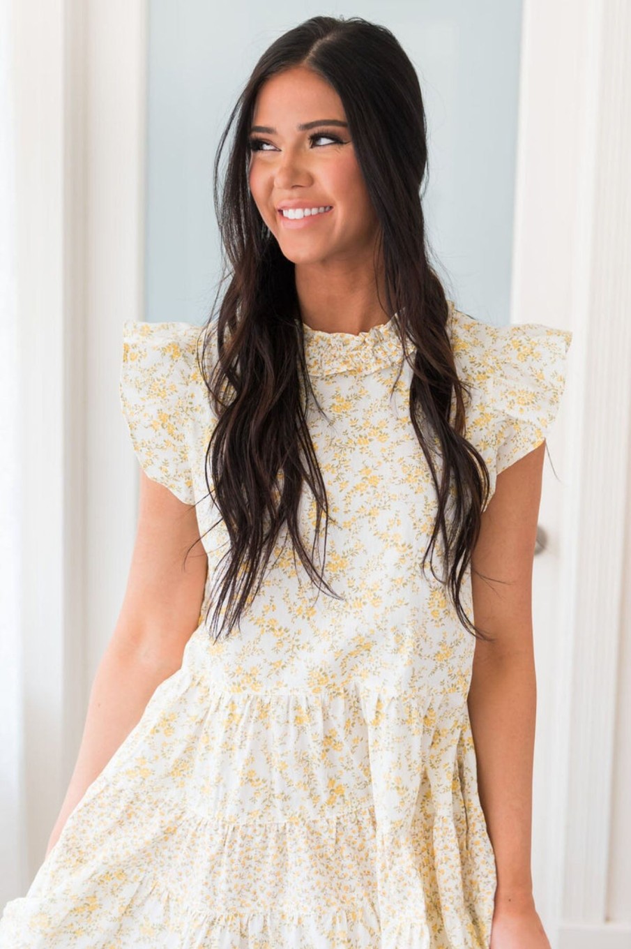 Dresses NeeSee's Dresses | The Aaleyah White/Pale Mustard Floral