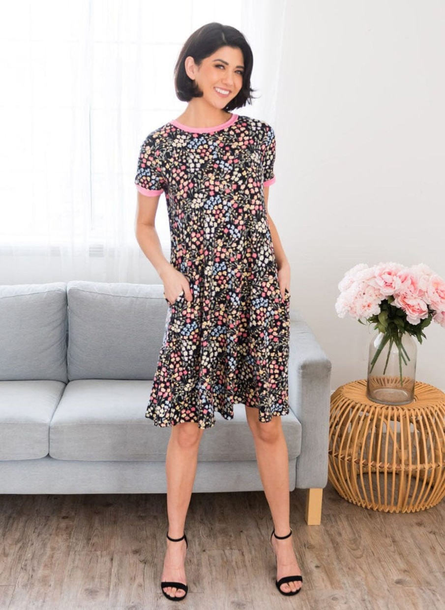 Dresses NeeSee's Dresses | The Suzie Black Bright Floral W/ Pink Trim