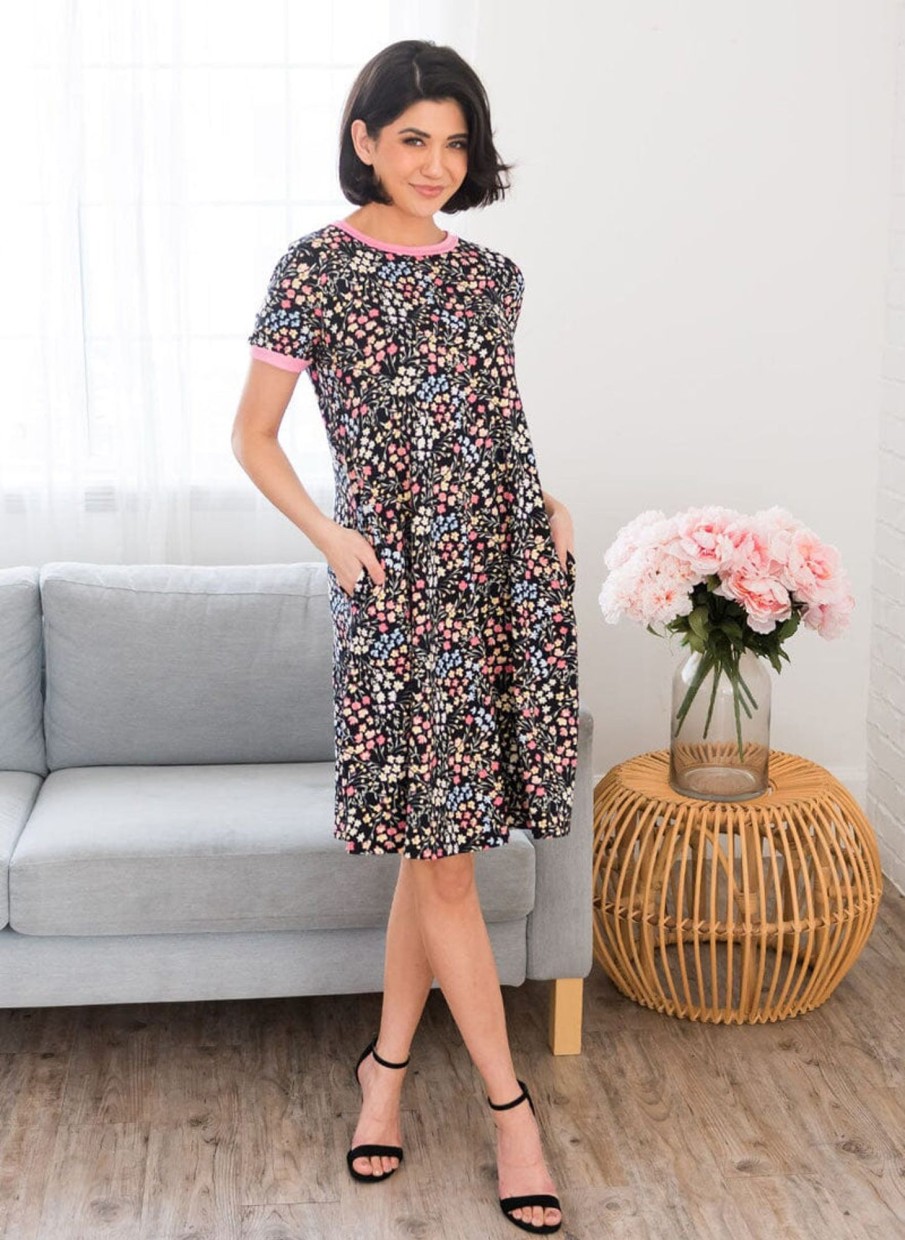 Dresses NeeSee's Dresses | The Suzie Black Bright Floral W/ Pink Trim