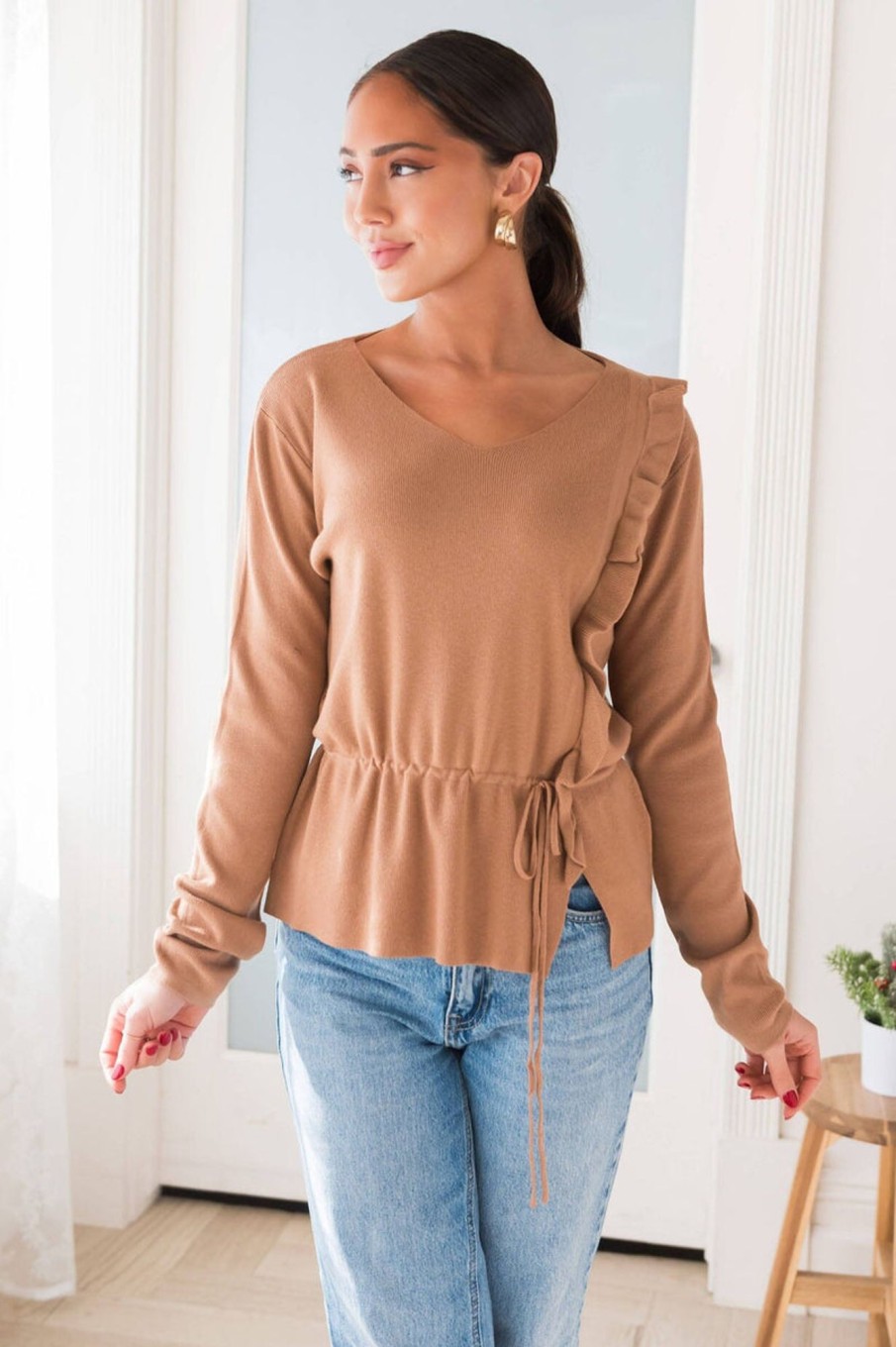 Tops NeeSee's Dresses | Beauty In Laughter Modest Ruffle Sweater Mocha