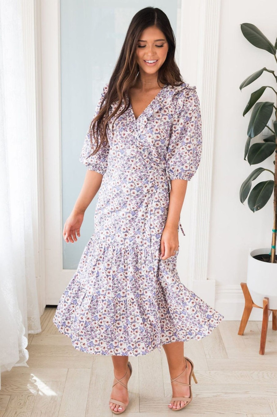 Dresses NeeSee's Dresses | The Abril Ivory/Lavender Floral