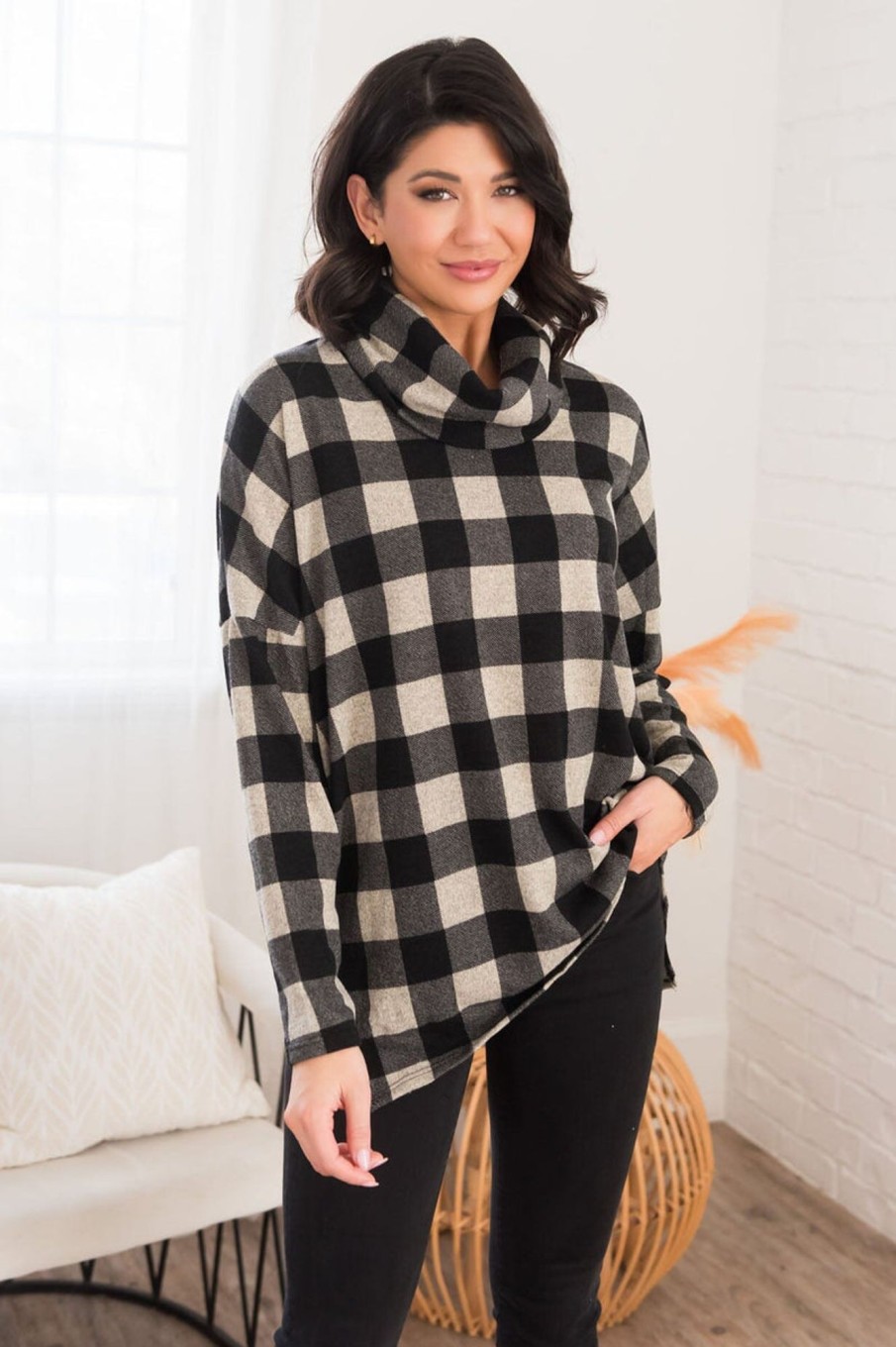 Tops NeeSee's Dresses | Spreading Wishes Modest Cowl Neck Top Black/Taupe Plaid