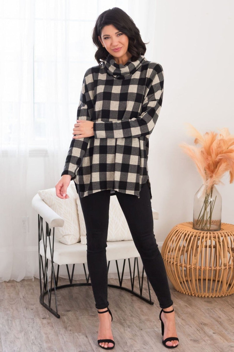 Tops NeeSee's Dresses | Spreading Wishes Modest Cowl Neck Top Black/Taupe Plaid