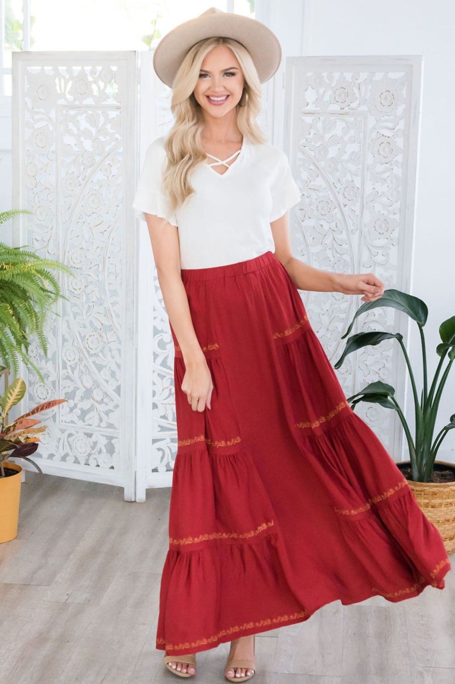 Skirts NeeSee's Dresses | Perfect Day Modest Maxi Skirt Brick Red/Orange Embroidery