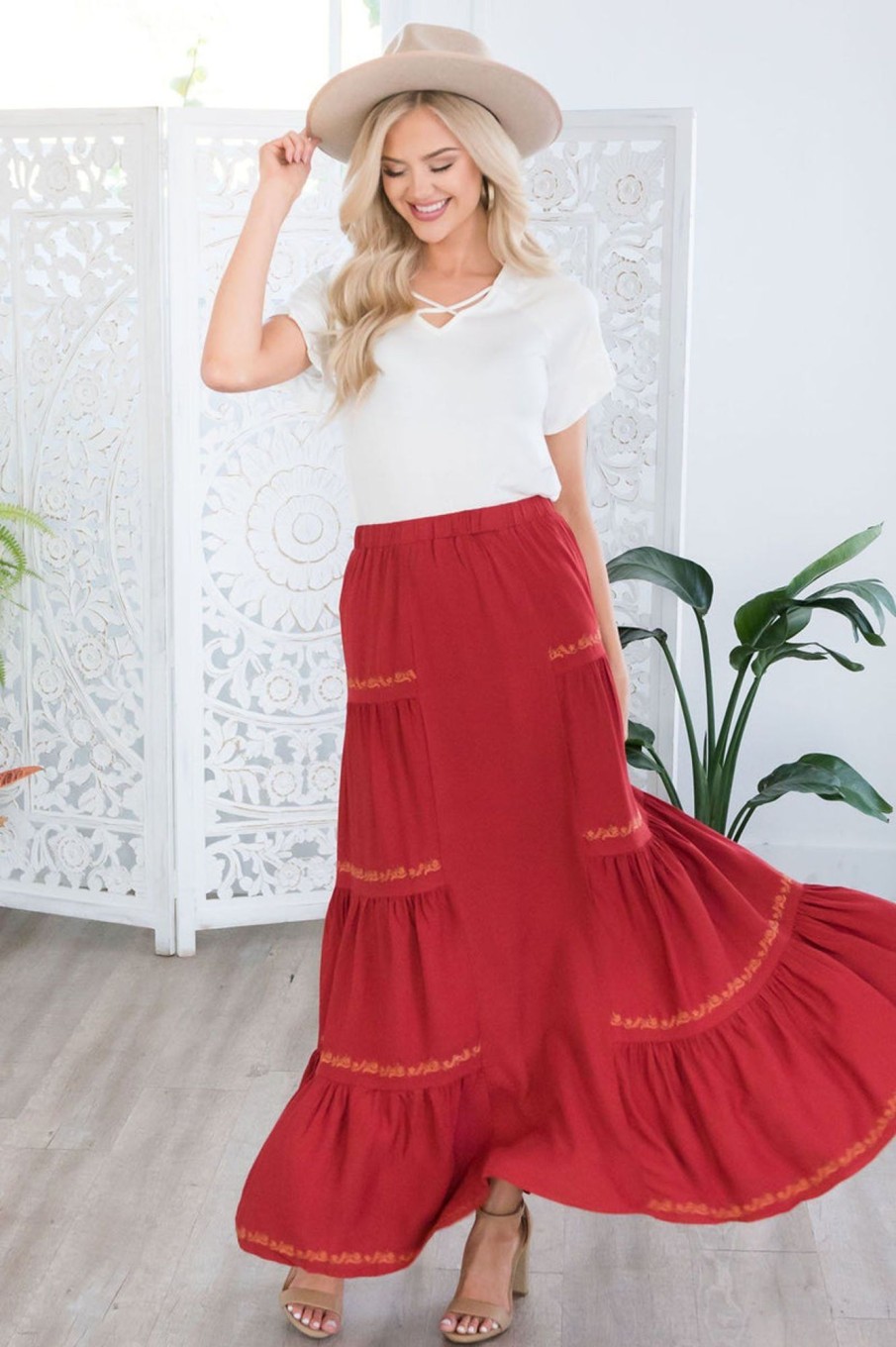 Skirts NeeSee's Dresses | Perfect Day Modest Maxi Skirt Brick Red/Orange Embroidery