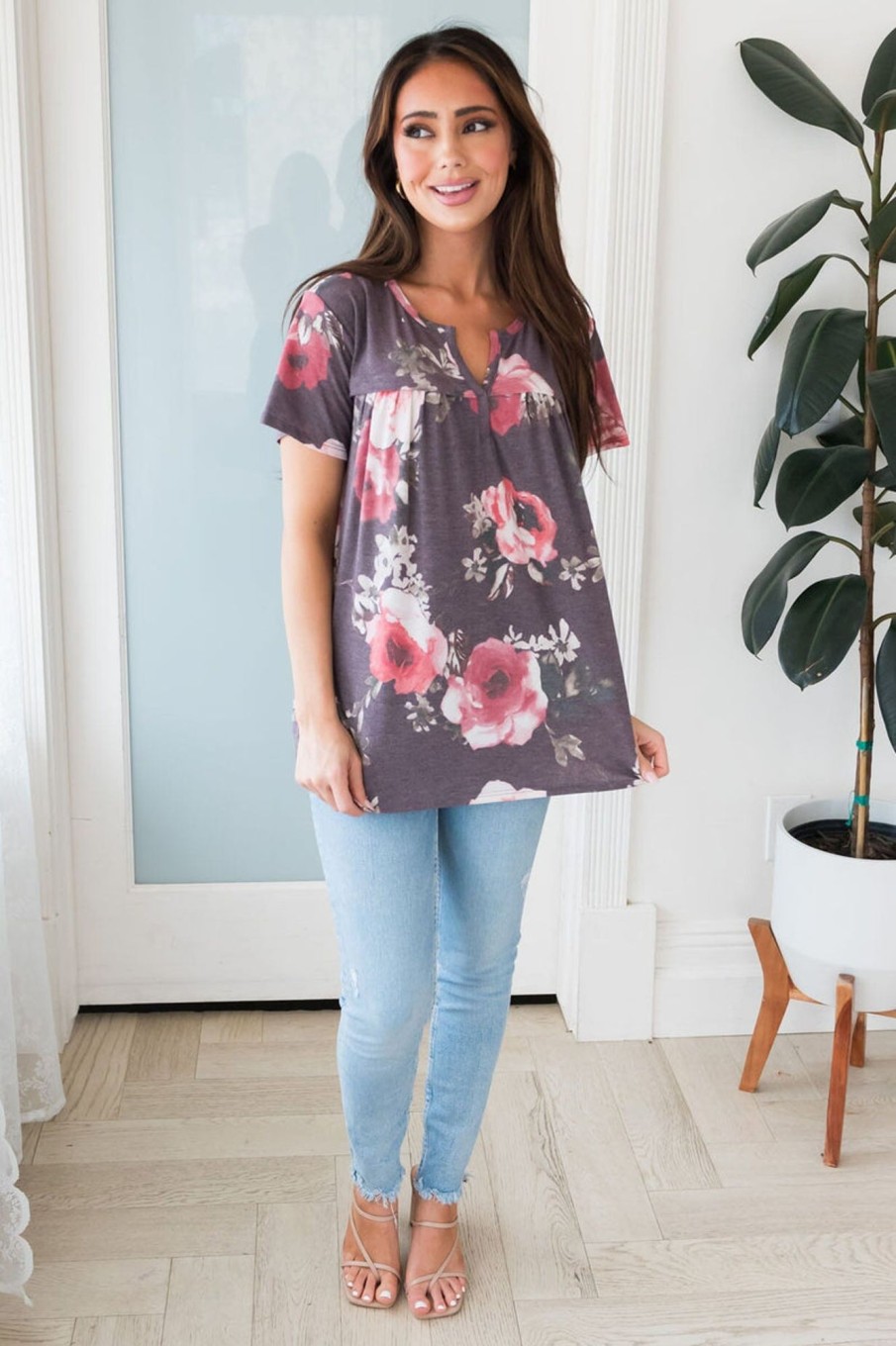 Tops NeeSee's Dresses | Forever Ever Modest Blouse Heather Burgundy Floral