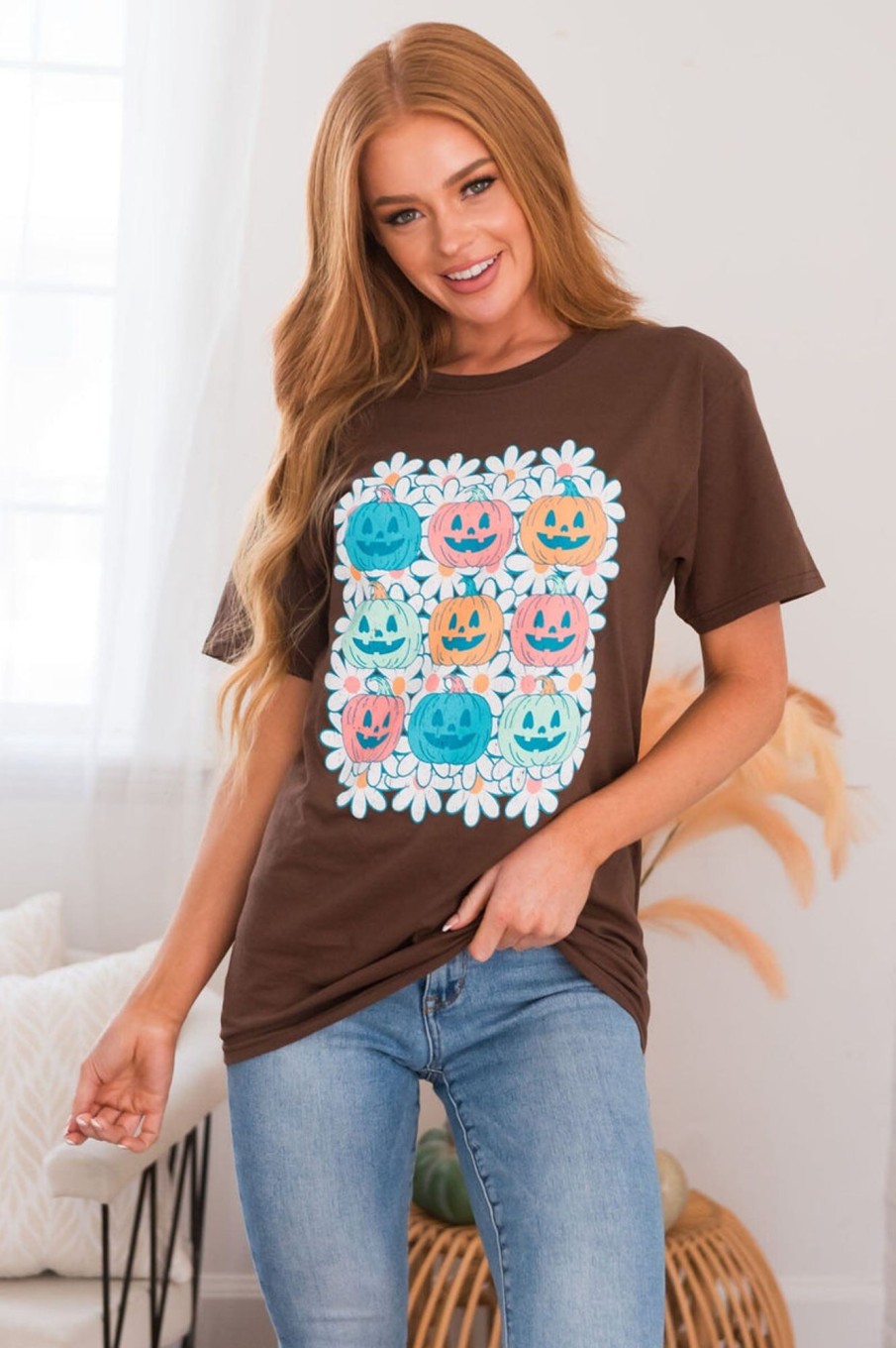 Tops NeeSee's Dresses | Field Of Pumpkins Modest Graphic Tee Chocolate