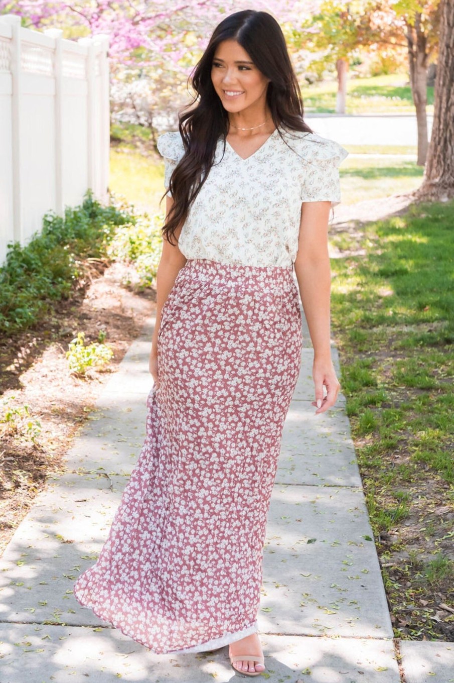 Skirts NeeSee's Dresses | Ditzy Floral Textured Maxi Skirt Marsala Orchid Floral