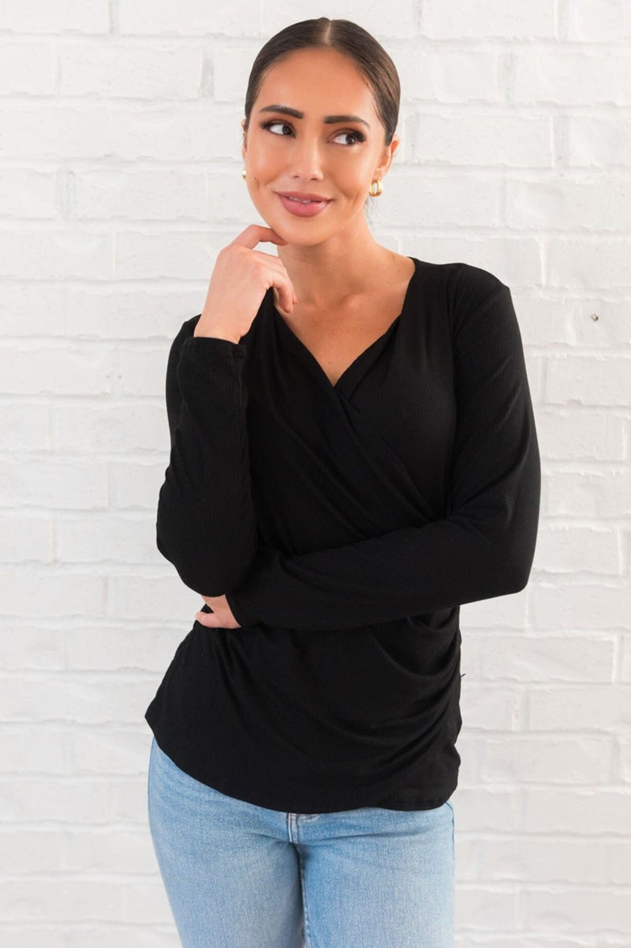 Tops NeeSee's Dresses | Double Crossed Modest Ribbed Top Black