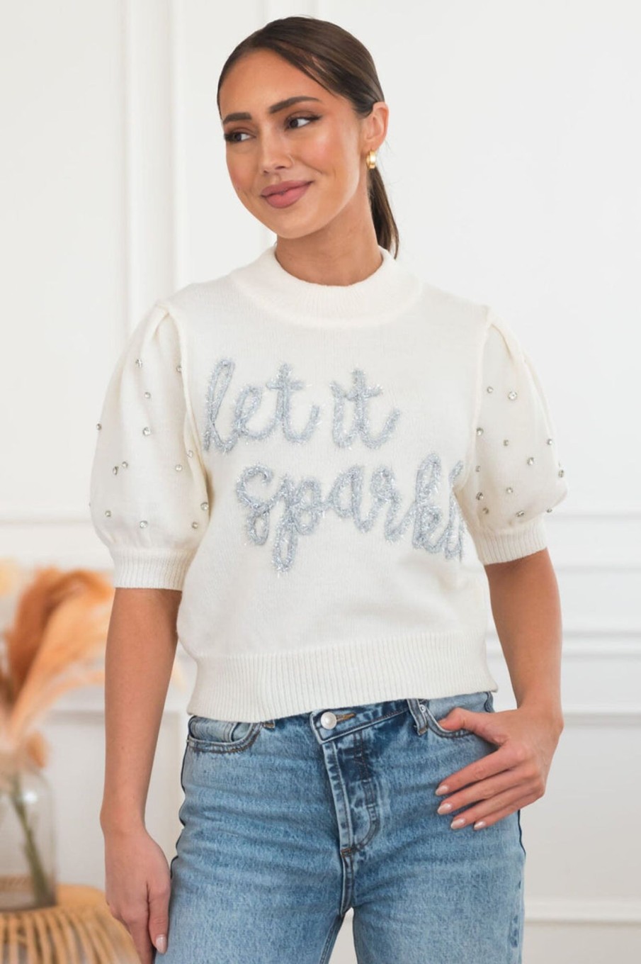 Tops NeeSee's Dresses | Let It Sparkle Modest Sweater Cream/Rhinestone