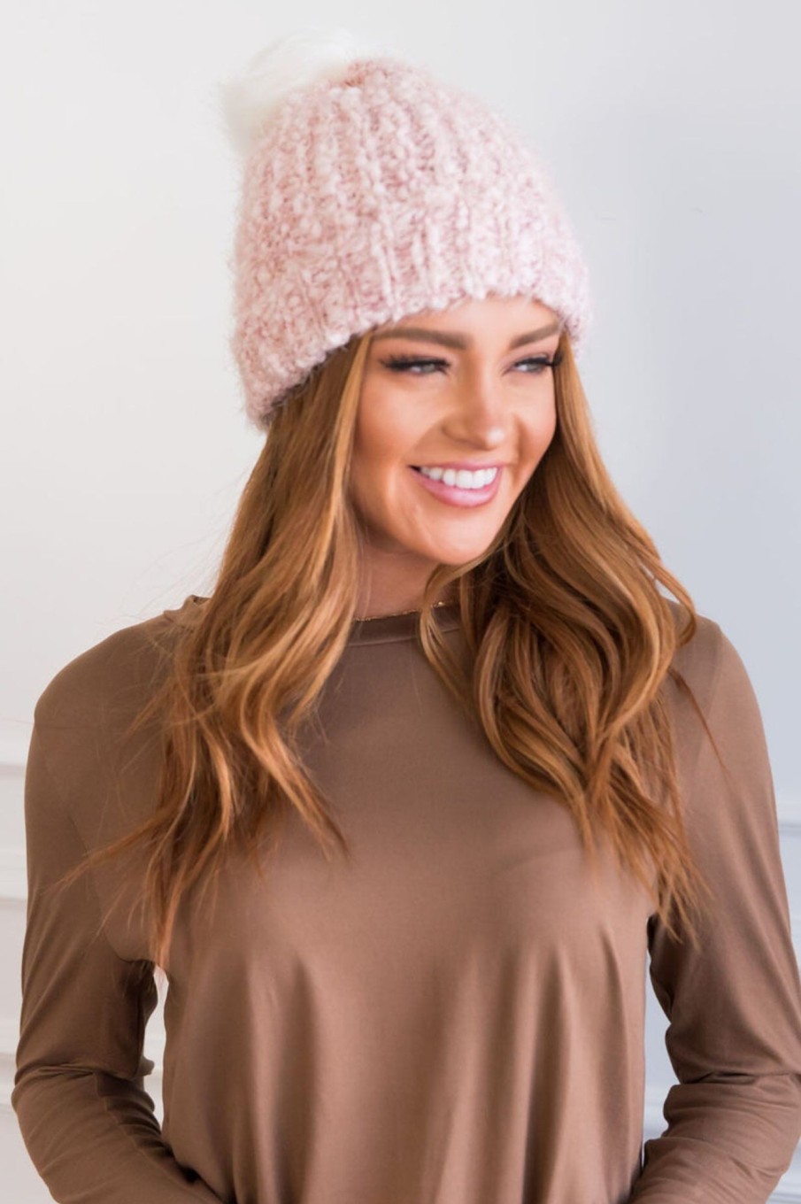 Tops NeeSee's Dresses | Snow Fall Fold Over Pom Pom Beanie Pink