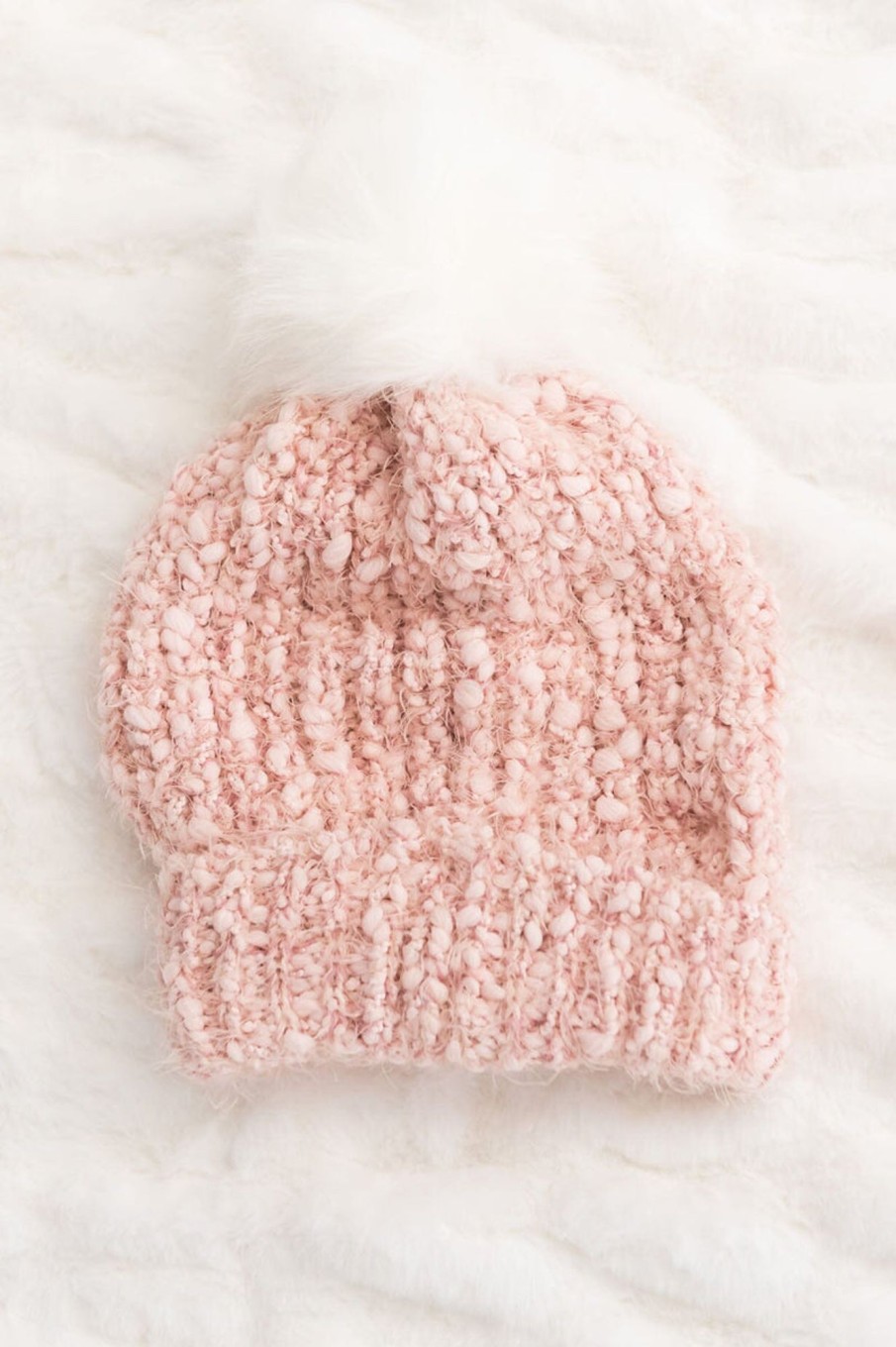 Tops NeeSee's Dresses | Snow Fall Fold Over Pom Pom Beanie Pink