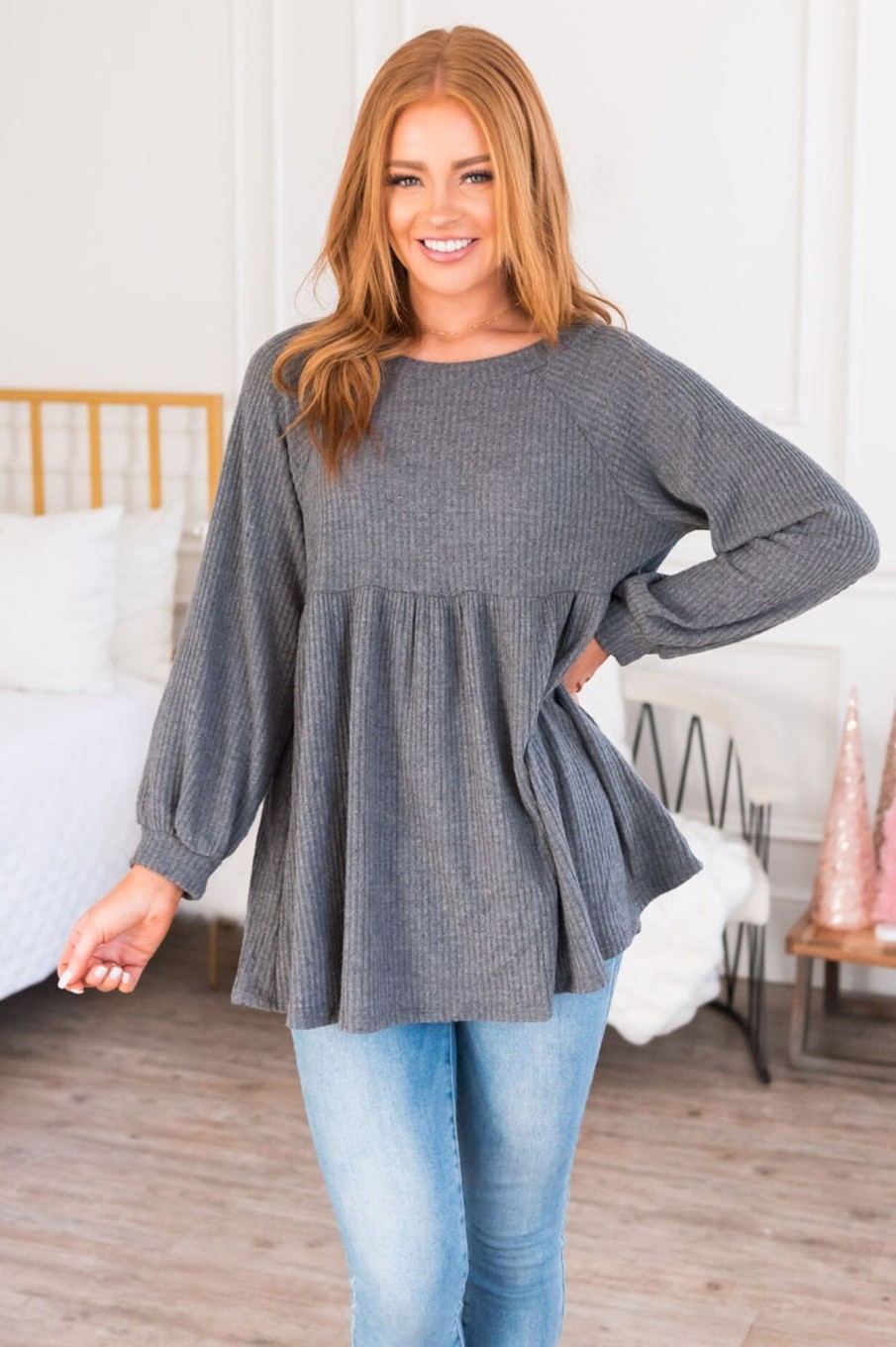 Tops NeeSee's Dresses | She'S So Classy Modest Babydoll Top Charcoal