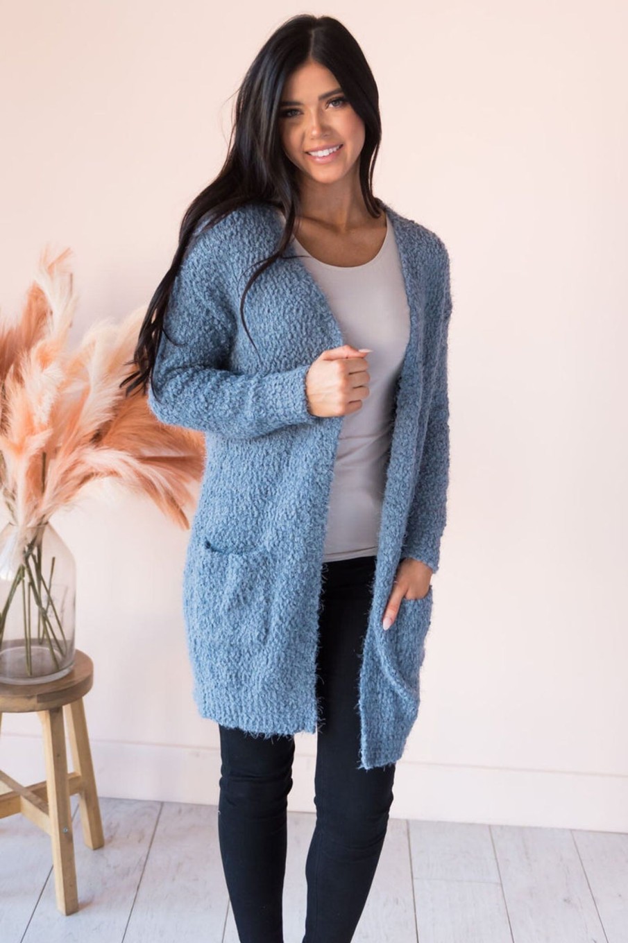 Tops NeeSee's Dresses | Soft & Cuddly Modest Sweater Cardigan Steel Blue