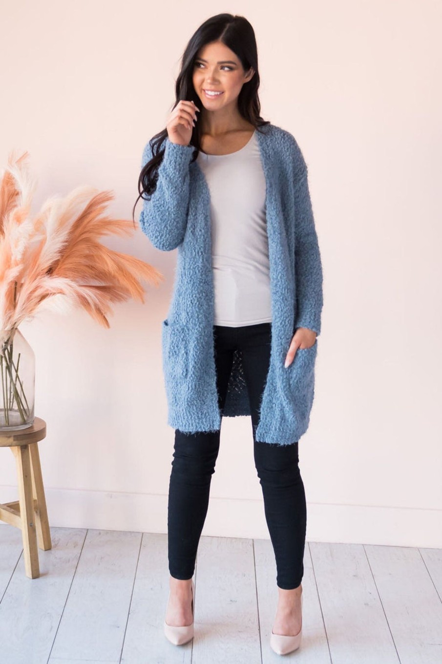 Tops NeeSee's Dresses | Soft & Cuddly Modest Sweater Cardigan Steel Blue