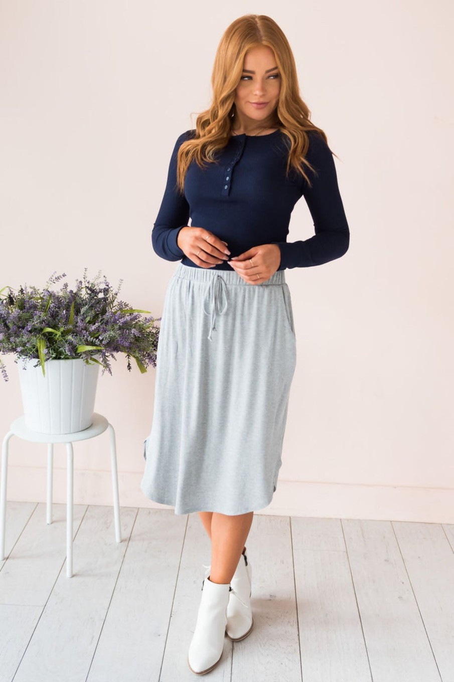 Skirts NeeSee's Dresses | Well Wishes Modest Ribbed Jersey Skirt Ribbed Grey