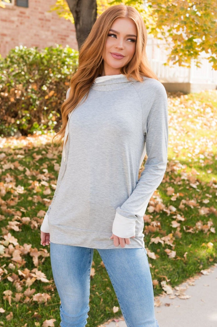 Tops NeeSee's Dresses | Great Abundance Modest Lightweight Hoodie Heather Grey/Ivory