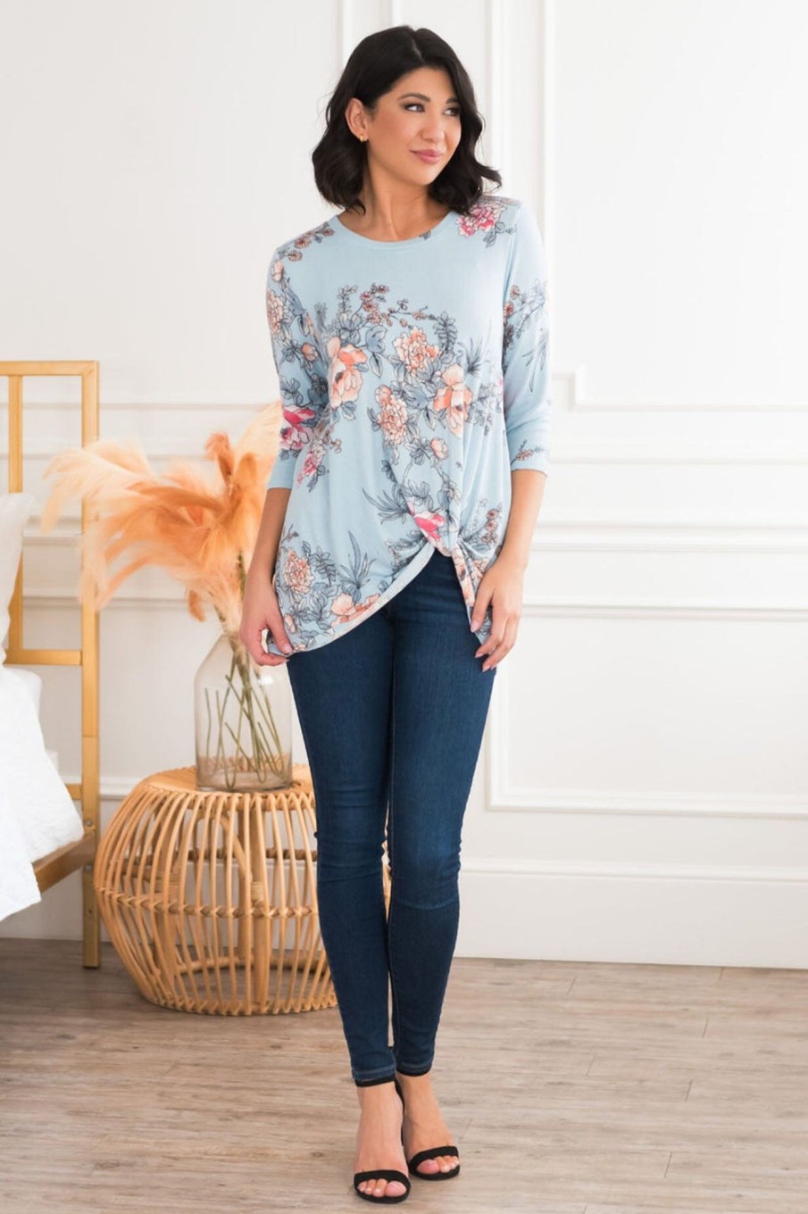 Tops NeeSee's Dresses | Simply Amazing Modest Floral Top Light Blue/Pink Floral