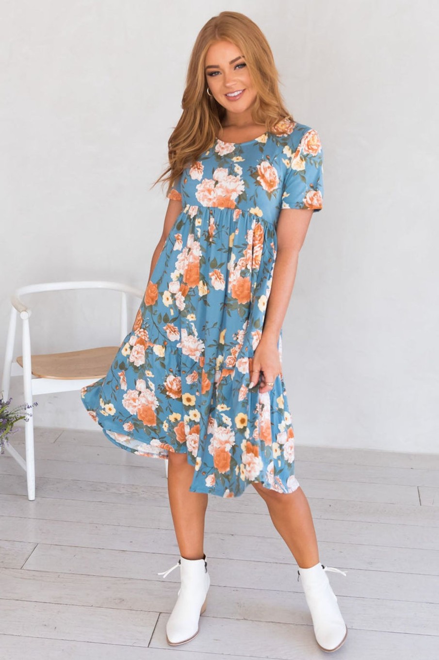 Dresses NeeSee's Dresses | The Andrea Mae Denim Blue Floral