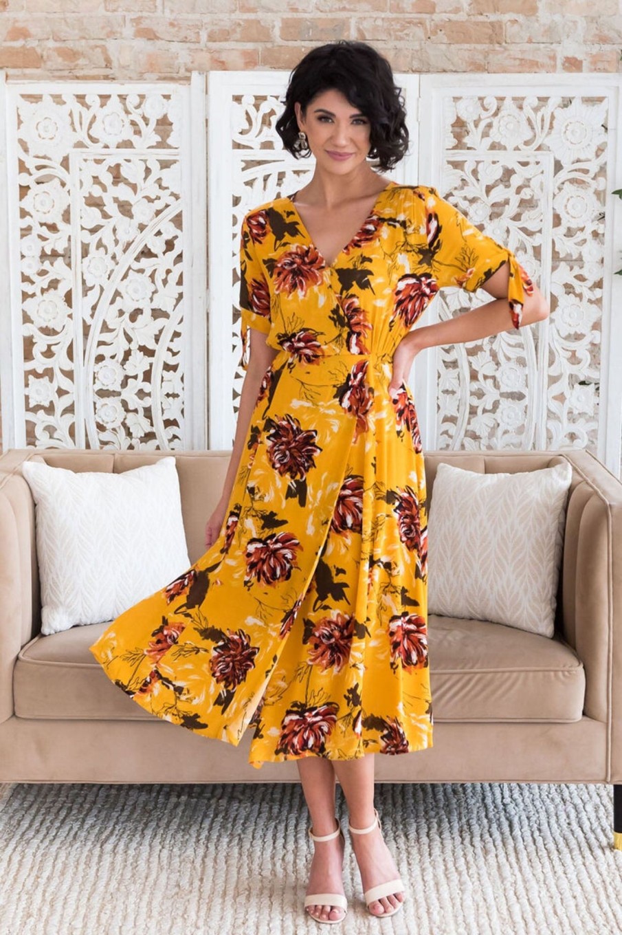 Dresses NeeSee's Dresses | The Caroline Golden Yellow W/ Rust Floral