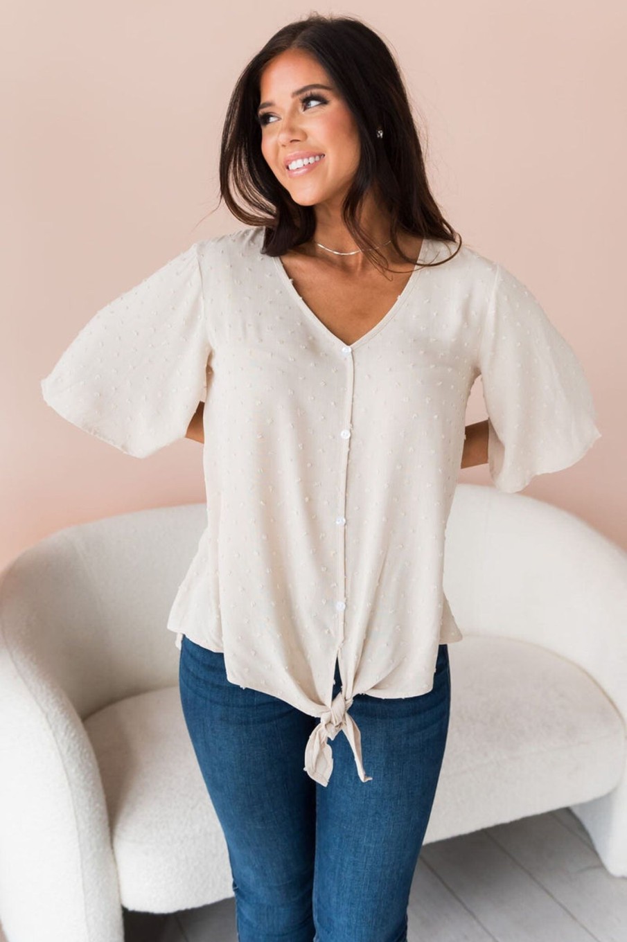 Tops NeeSee's Dresses | Shining A Light Modest Blouse Oatmeal Swiss Dot