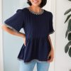 Tops NeeSee's Dresses | Predicting Joy Ahead Modest Peplum Blouse Navy Night