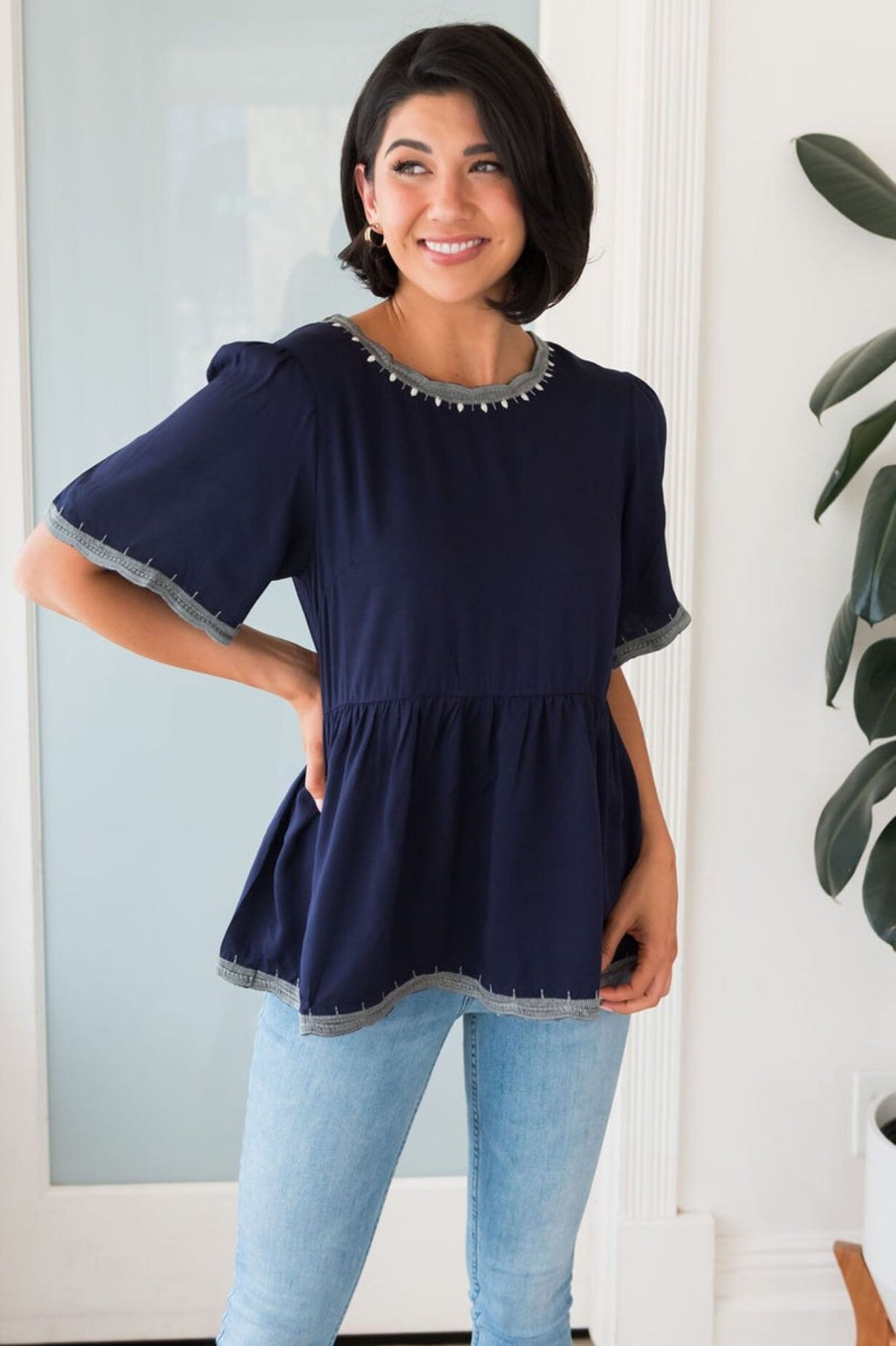 Tops NeeSee's Dresses | Predicting Joy Ahead Modest Peplum Blouse Navy Night