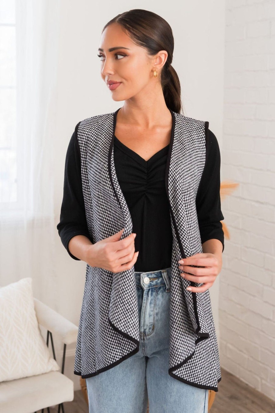 Tops NeeSee's Dresses | Coolest Breeze Modest Vest Black/White Mini Houndstooth