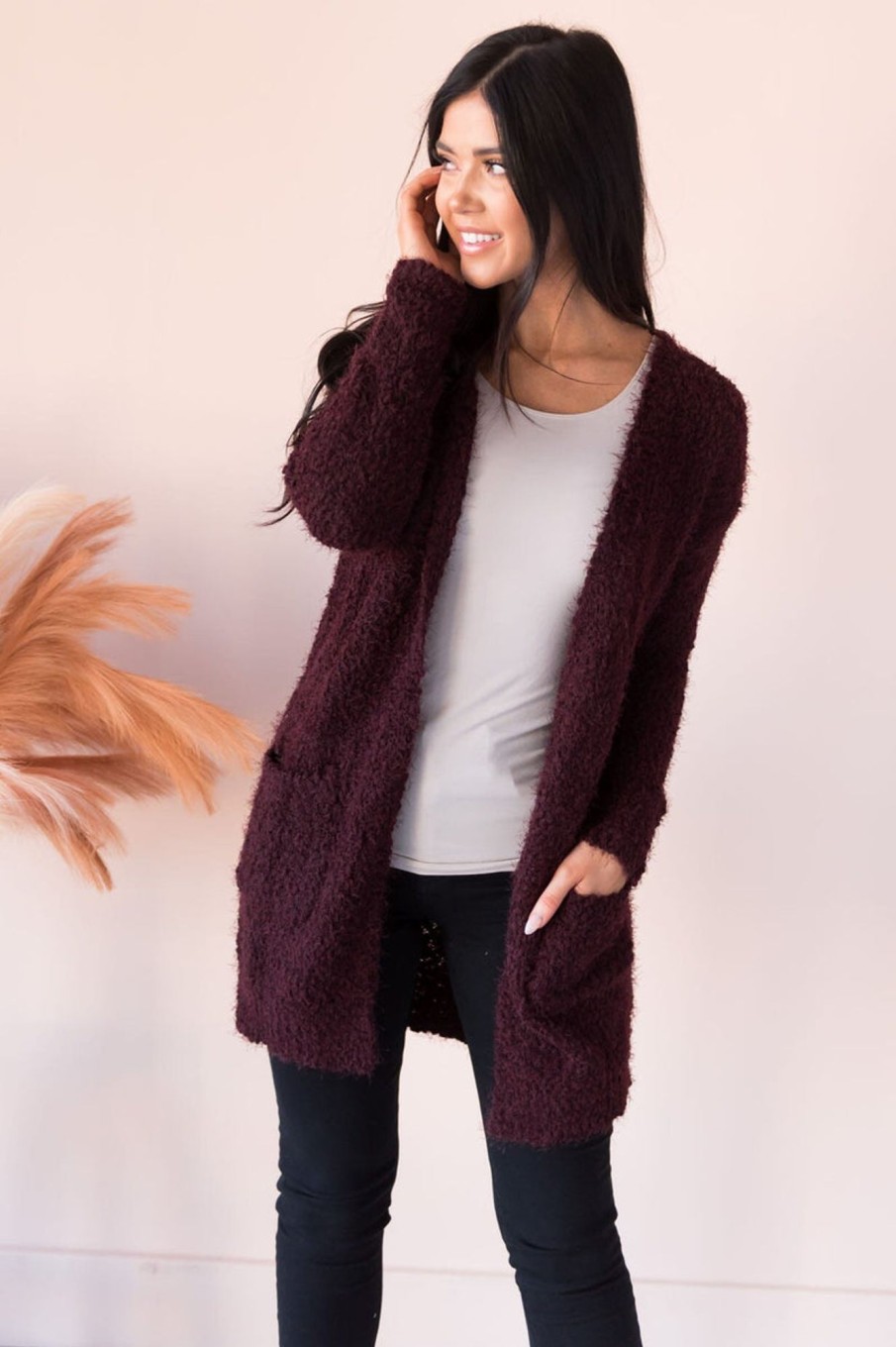 Tops NeeSee's Dresses | Soft & Cuddly Modest Sweater Cardigan Dark Cherry