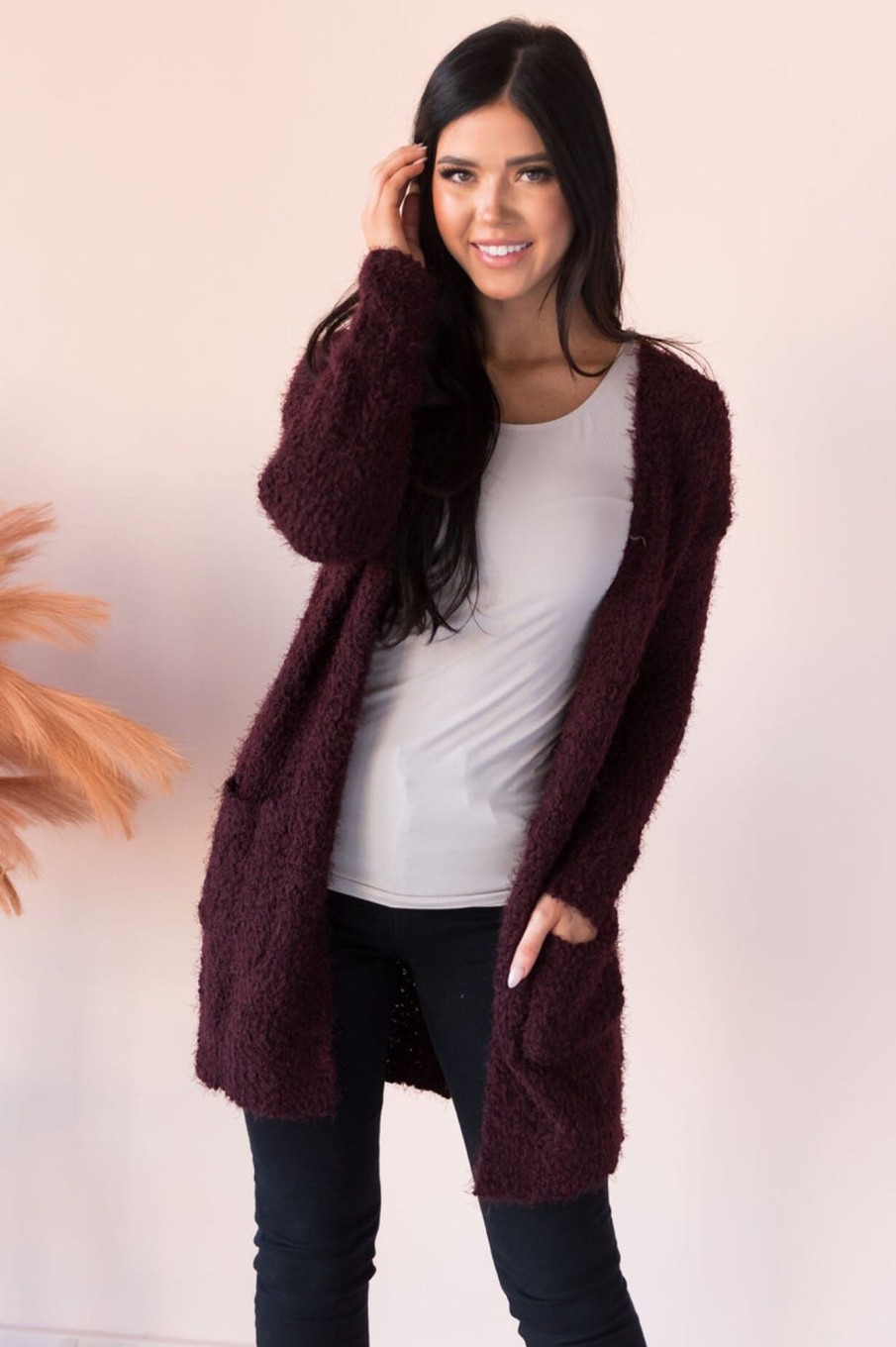 Tops NeeSee's Dresses | Soft & Cuddly Modest Sweater Cardigan Dark Cherry