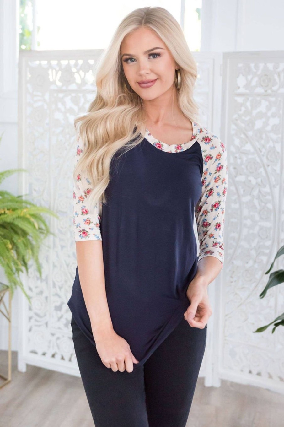 Tops NeeSee's Dresses | Floral Beauty Modest Baseball Tee Navy/Blush Floral Sleeves