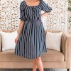 Dresses NeeSee's Dresses | The Valeree Navy/Jade/Mauve/White Stripes