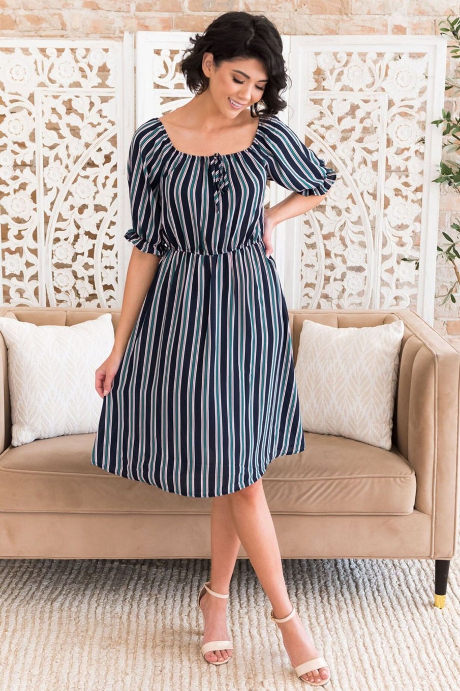 Dresses NeeSee's Dresses | The Valeree Navy/Jade/Mauve/White Stripes