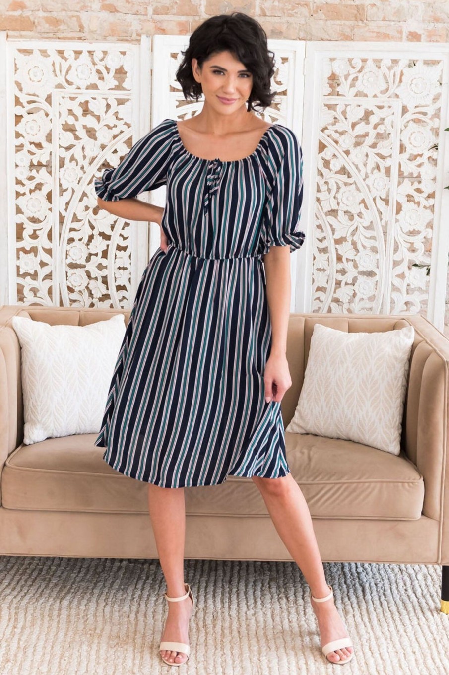 Dresses NeeSee's Dresses | The Valeree Navy/Jade/Mauve/White Stripes