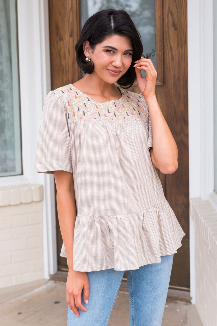 Tops NeeSee's Dresses | Bright As Can Be Modest Blouse Taupe/White Gingham