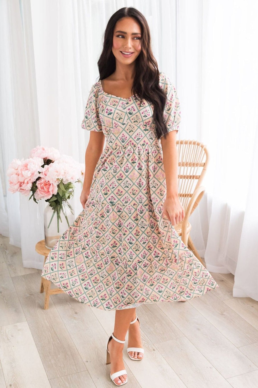 Dresses NeeSee's Dresses | The Taylee Peach/Fuchsia/Jade Checker Box Floral