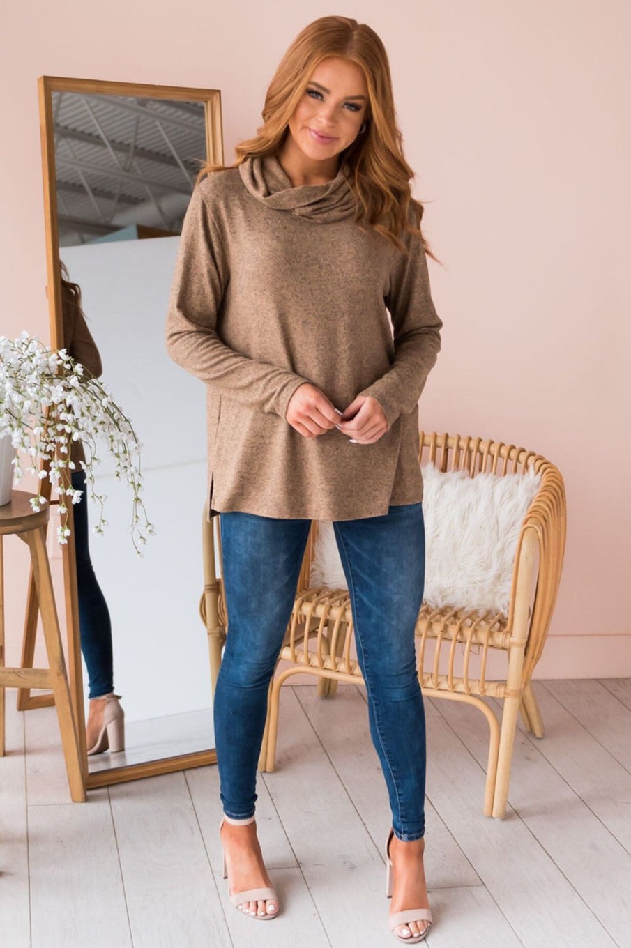 Tops NeeSee's Dresses | You Are So Loved Modest Cowl Neck Sweater Heather Camel