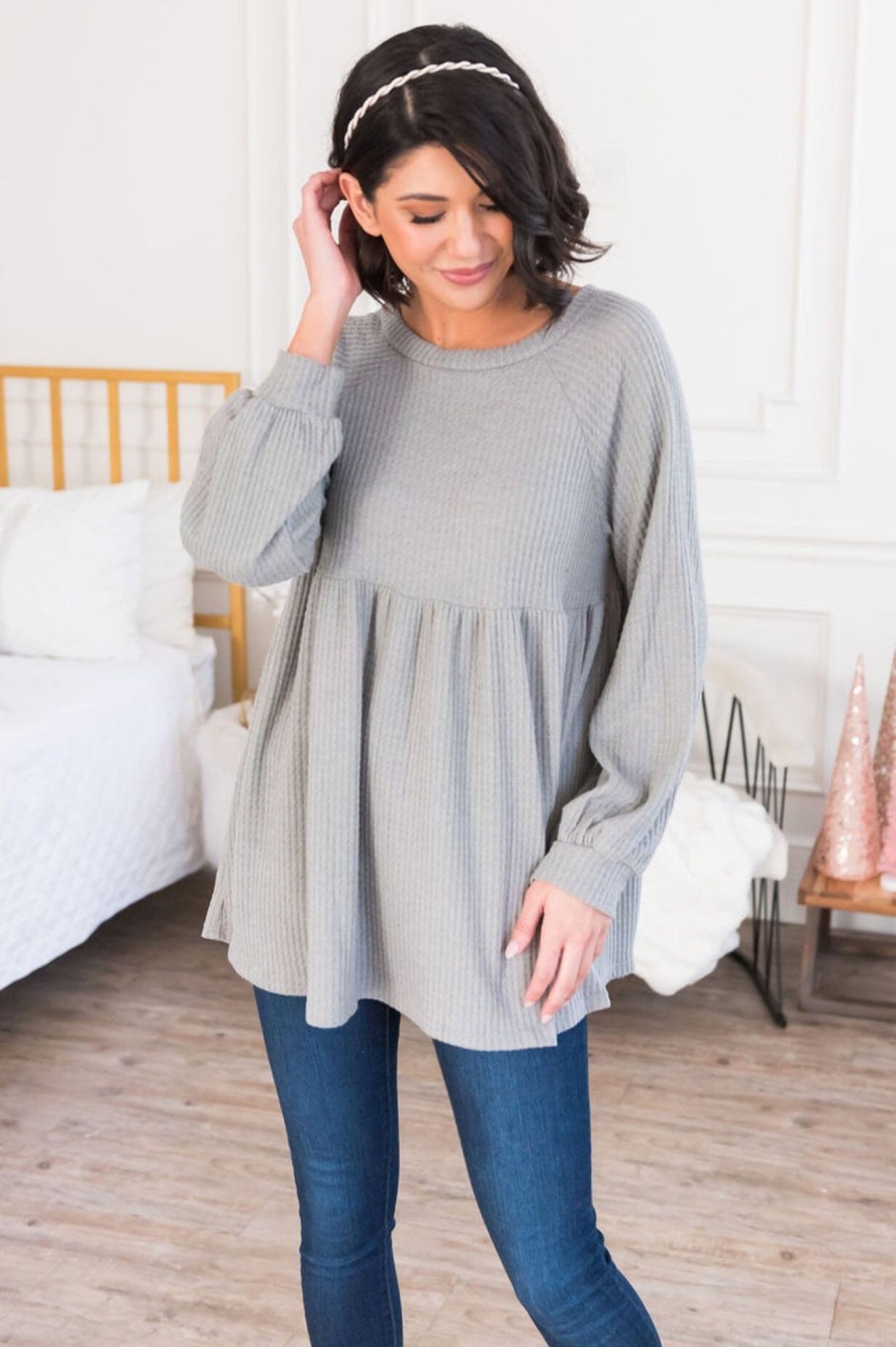 Tops NeeSee's Dresses | She'S So Classy Modest Babydoll Top Heather Grey