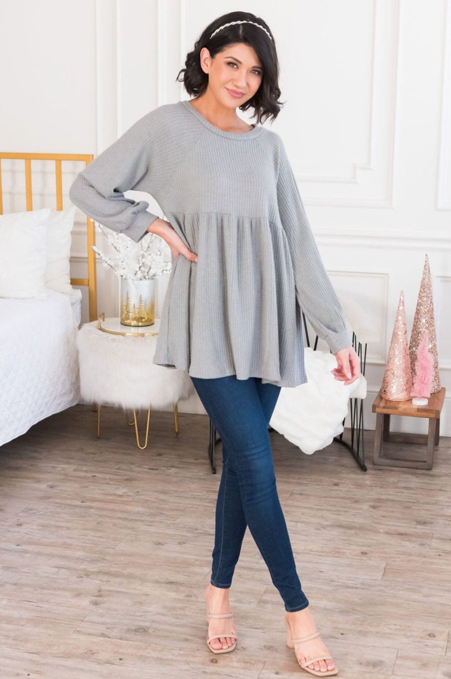 Tops NeeSee's Dresses | She'S So Classy Modest Babydoll Top Heather Grey