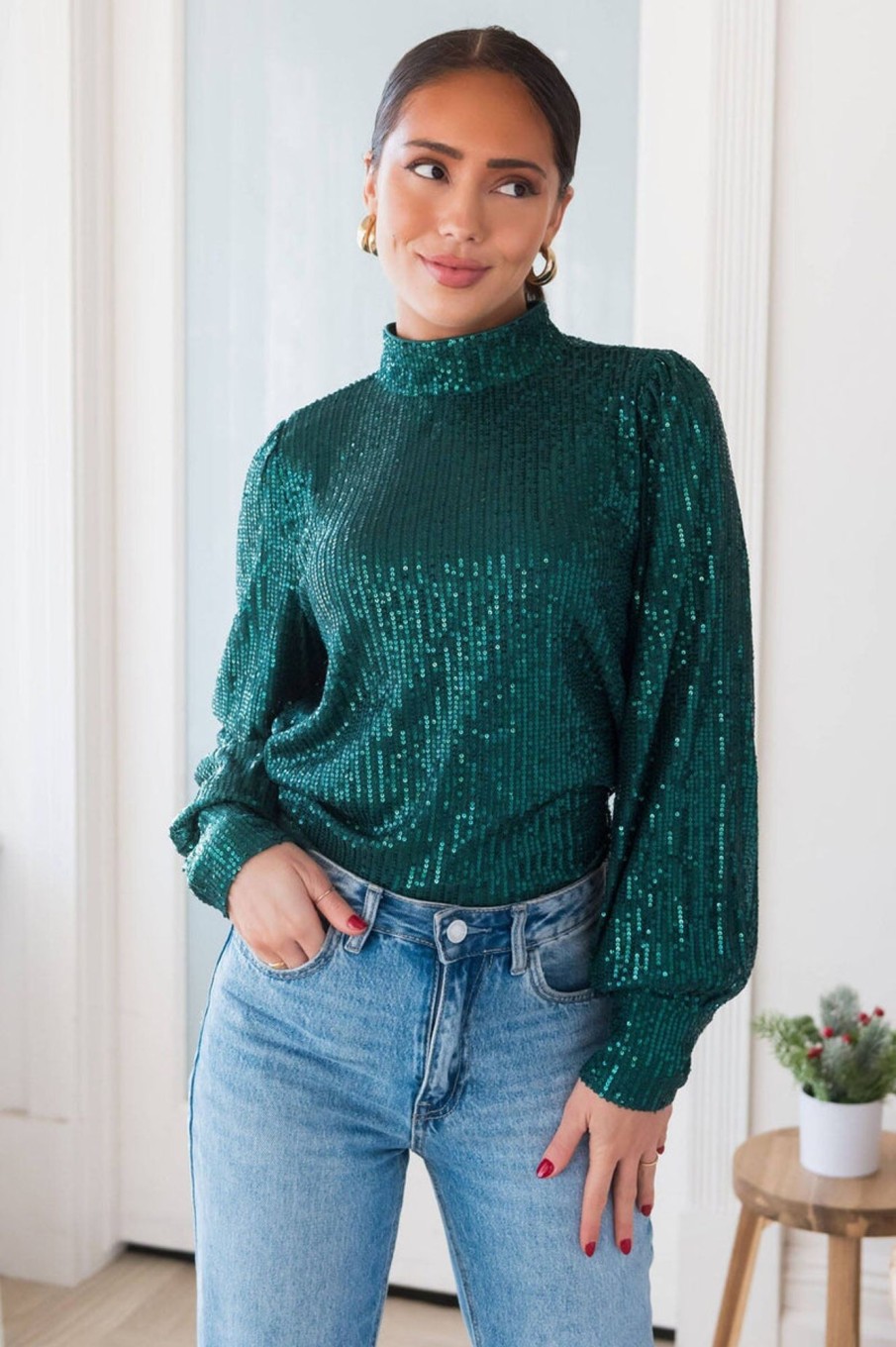 Tops NeeSee's Dresses | Party Ready Sequin Blouse Emerald Sequin