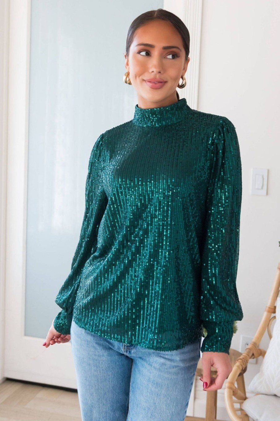 Tops NeeSee's Dresses | Party Ready Sequin Blouse Emerald Sequin