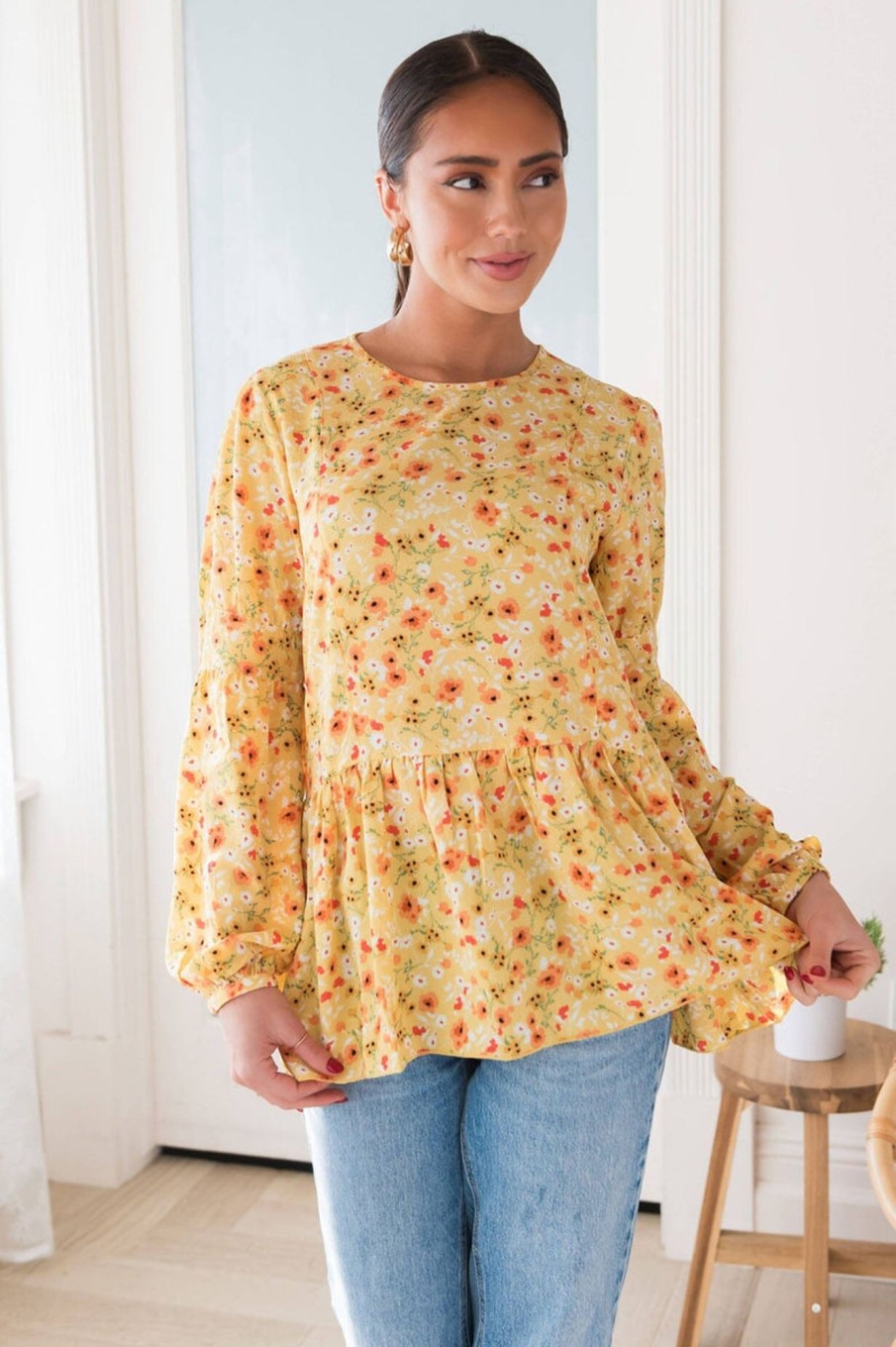 Tops NeeSee's Dresses | Full Blooms Modest Blouse Mustard/Peach Floral