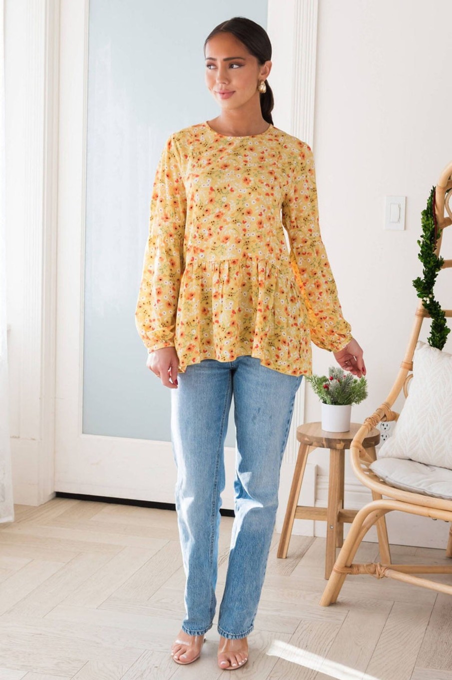 Tops NeeSee's Dresses | Full Blooms Modest Blouse Mustard/Peach Floral