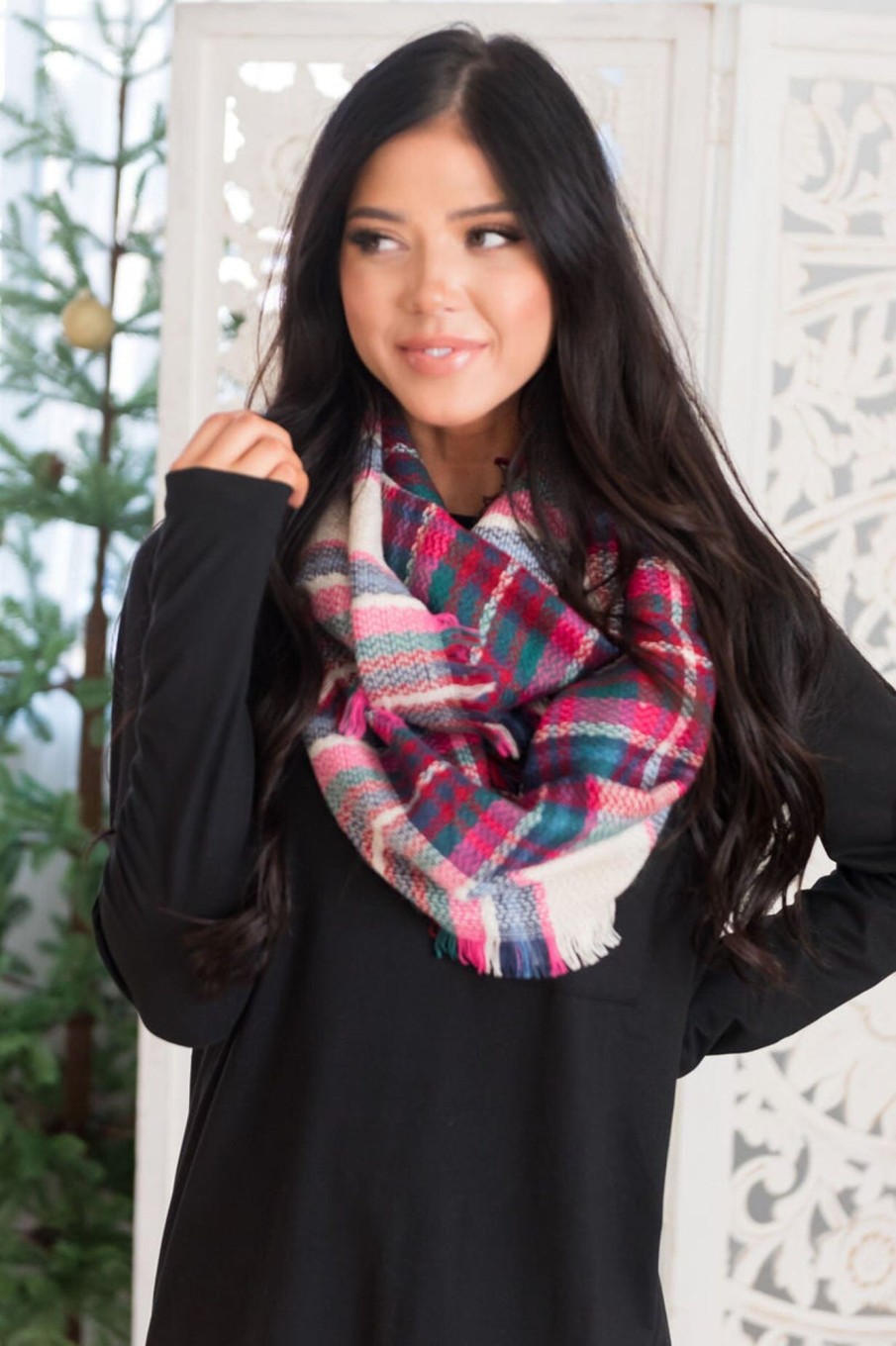 Tops NeeSee's Dresses | Christmas Caroling Woven Scarf Navy/Fuchsia/Ivory/Hunter Green/Red