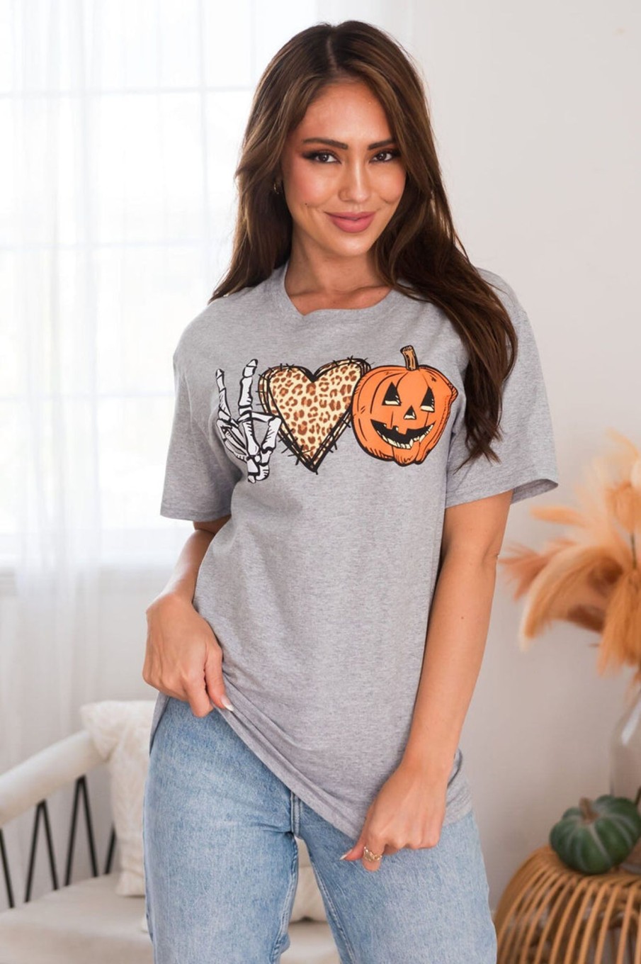 Tops NeeSee's Dresses | Peace Love Pumpkin Modest Graphic Tee Heather Grey