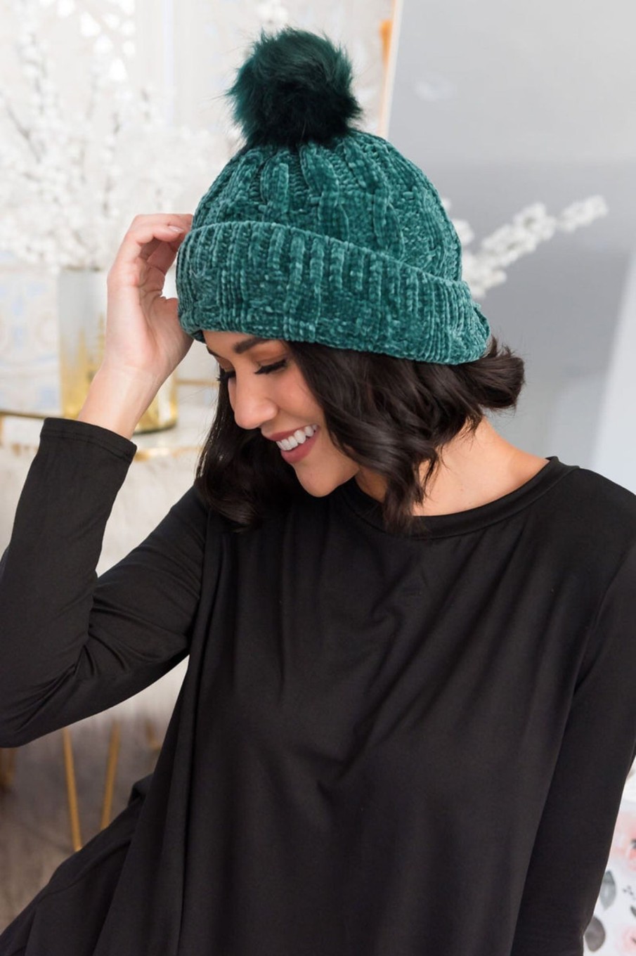 Tops NeeSee's Dresses | Stay Cozy Chenille Pom Pom Beanie Teal Chenille